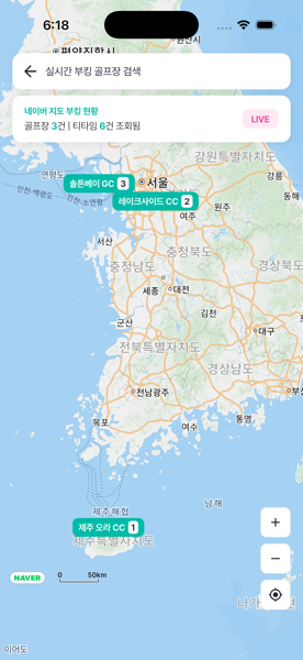 지도 화면. 전국 지도 위에 골프장 이름과 티타임 수가 핀으로 표시되어 있다.